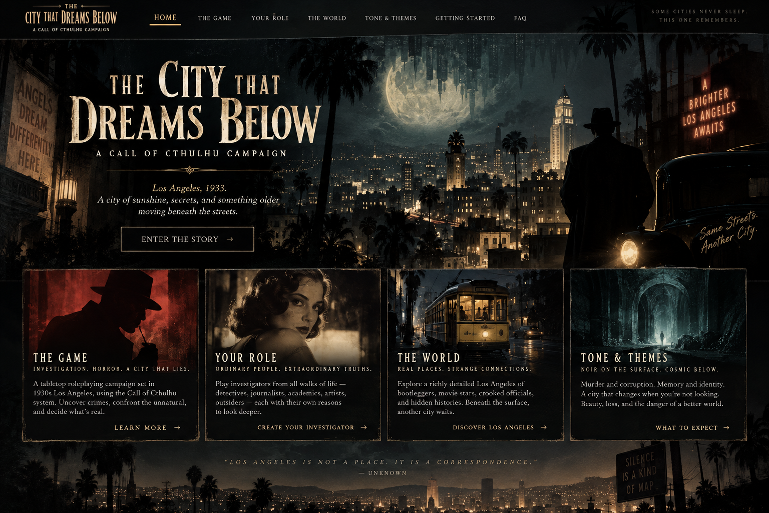 Noir Los Angeles at night beneath an impossible moon, with a solitary investigator and a Yellow Car streetcar.